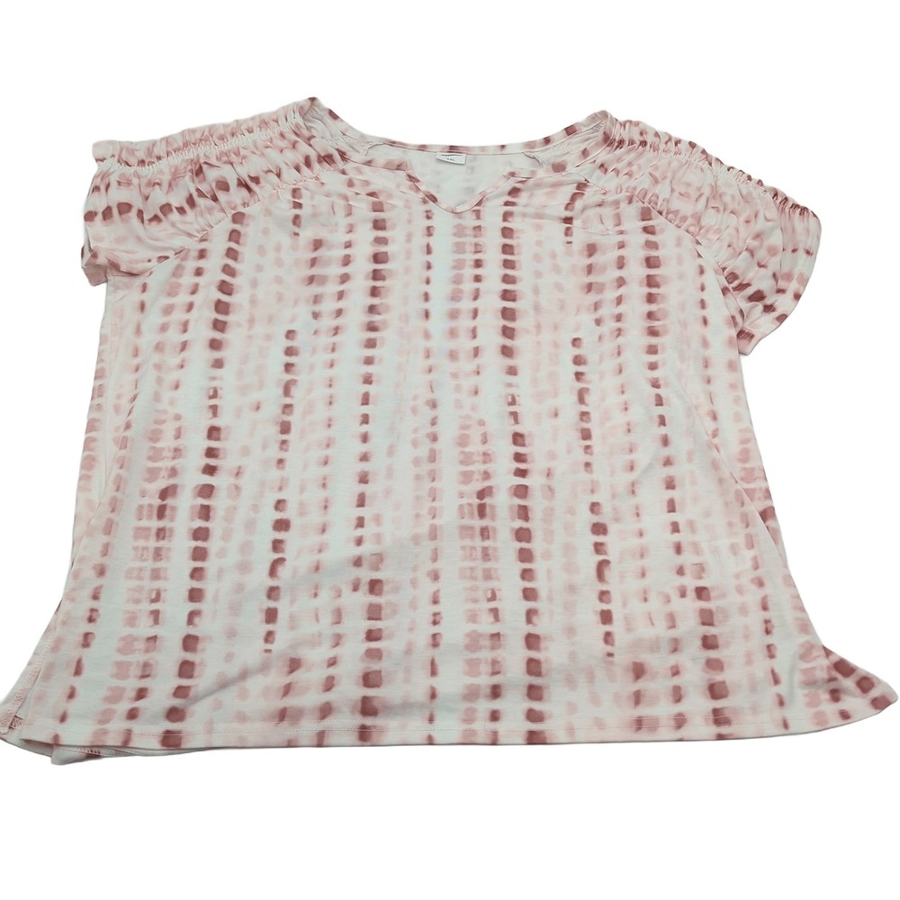 XIEERDUO Pink White Tie Dye Notch V-Neck Ruched Puff Sleeve Top XXL